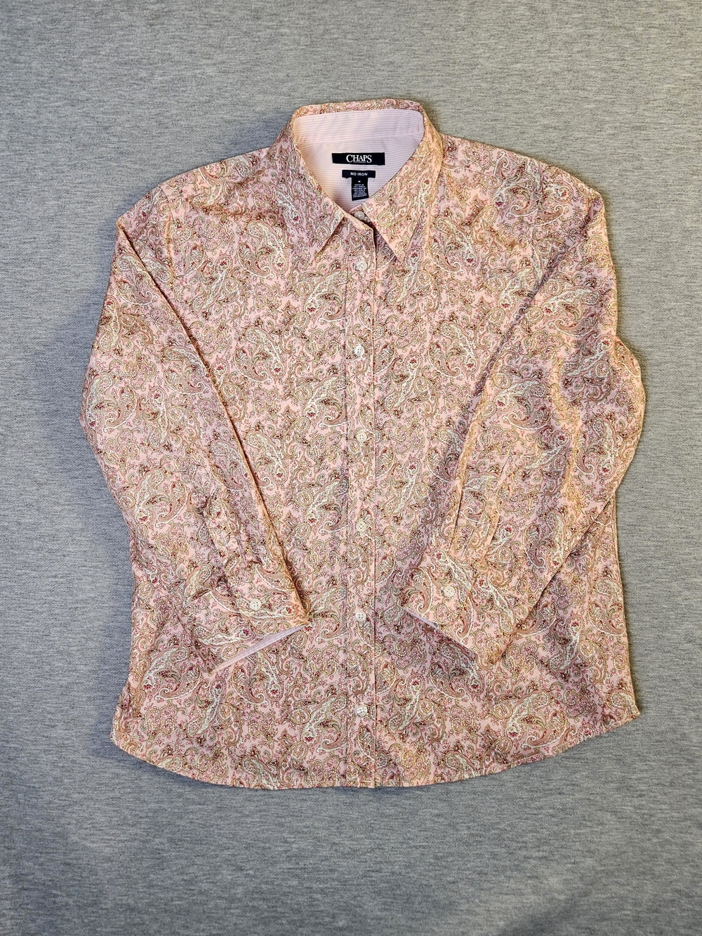 Chaps Women's No-Iron Button Down Shirt Pink Paisely Floral Cotton Blend Size M - Picture 3 of 12